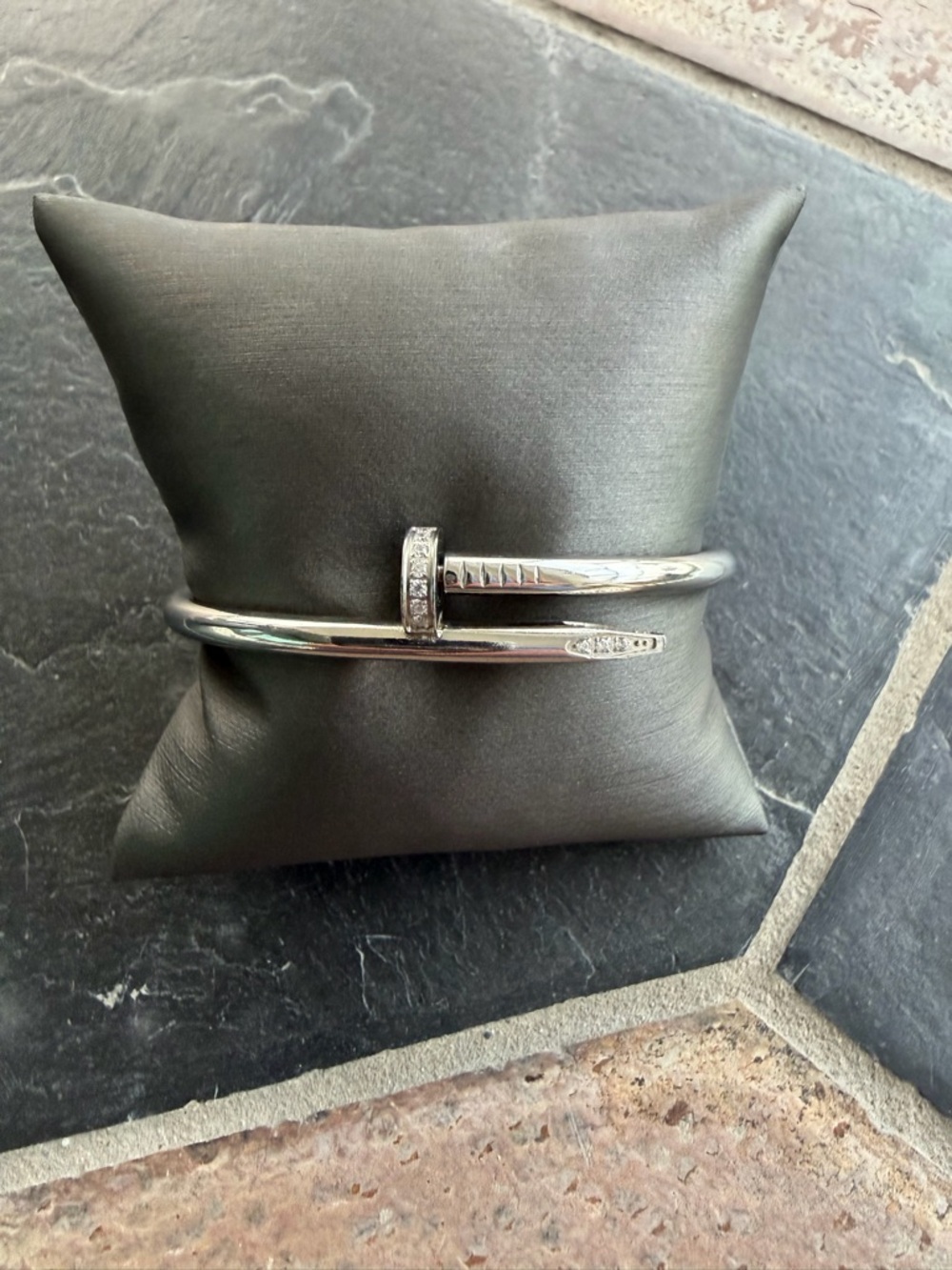 Nail with cubic zirconiums Stainless steel Cuff Bracelet 6.75”